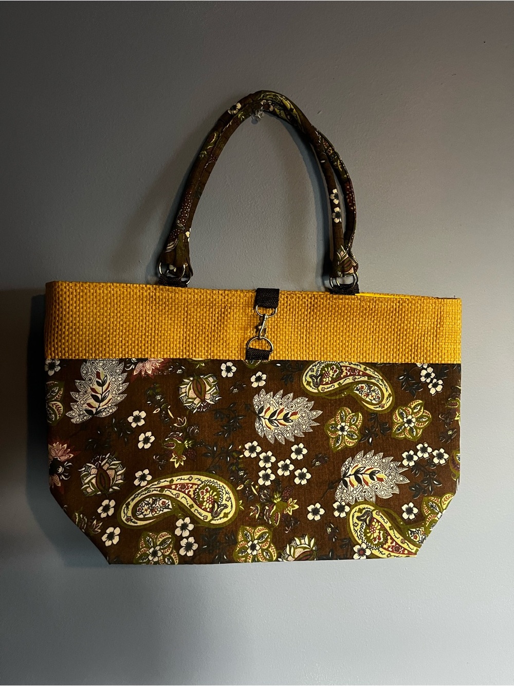 Mustard and Brown Paisley Tote Bag with Floral Accents
